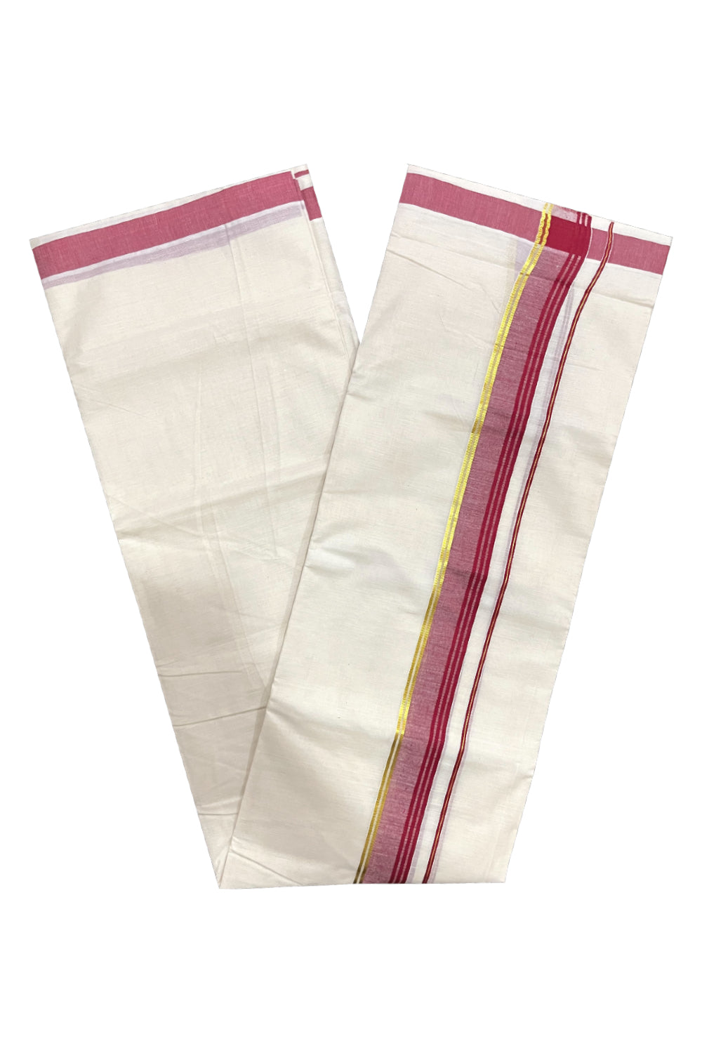 Pure Cotton Kerala Double Mundu with Maroon and Kasavu Kara (South Indian Kerala Dhoti)