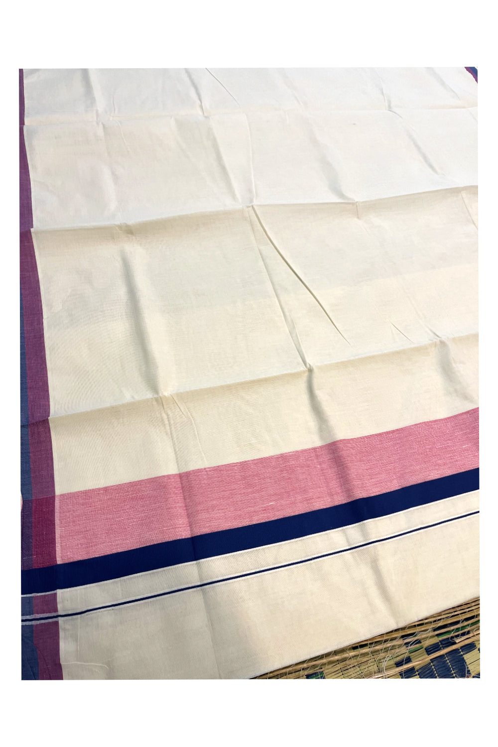 Pure Cotton Off White Kerala Saree with Dark Blue Pink Shaded Border