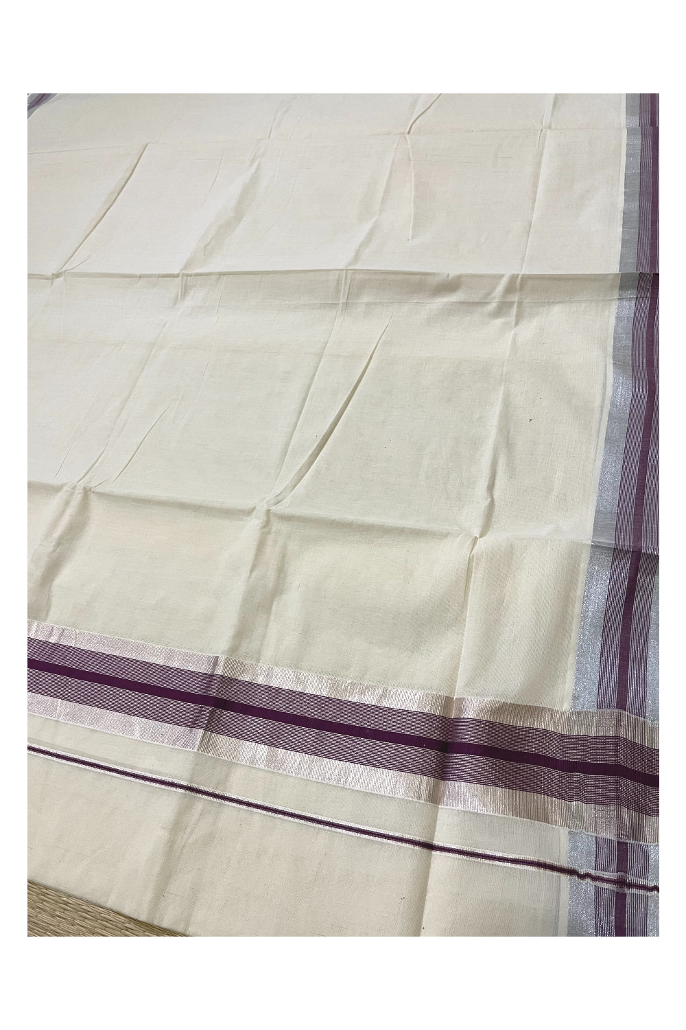 Pure Cotton Kerala Saree with Silver Kasavu and Purple Border (Onam 2023 Saree)