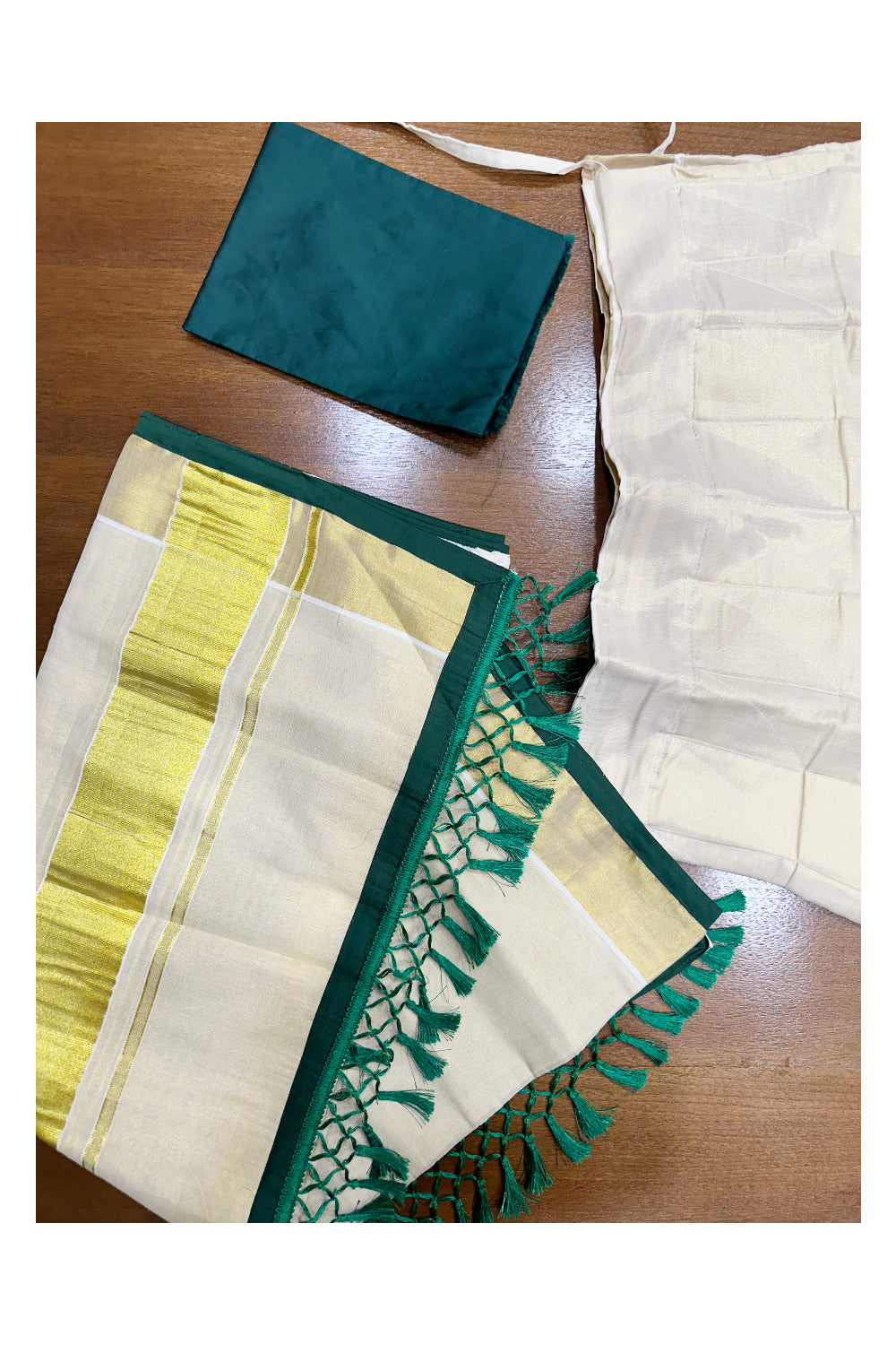 Southloom Semi Stitched Tissue Dhavani Set with Kasavu Lines Design Pavada and Green Blouse Piece