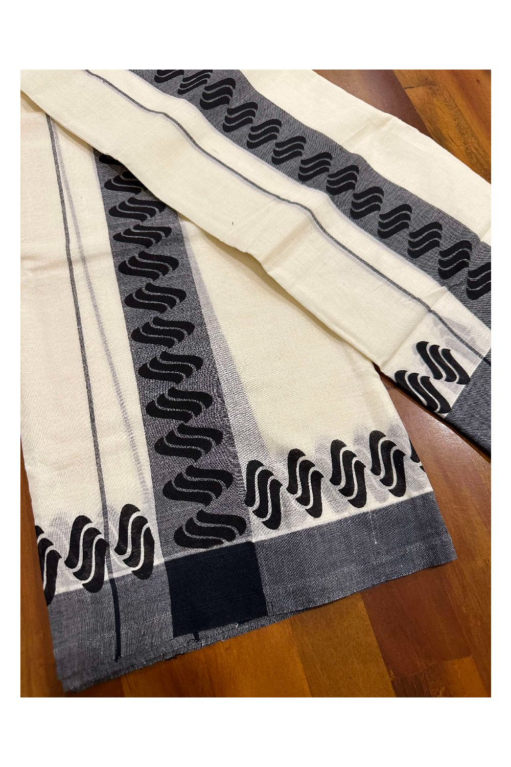 Kerala Cotton Single Set Mundu (Mundum Neriyathum) with Block Prints on Black Border (Onam set Mundu 2023)