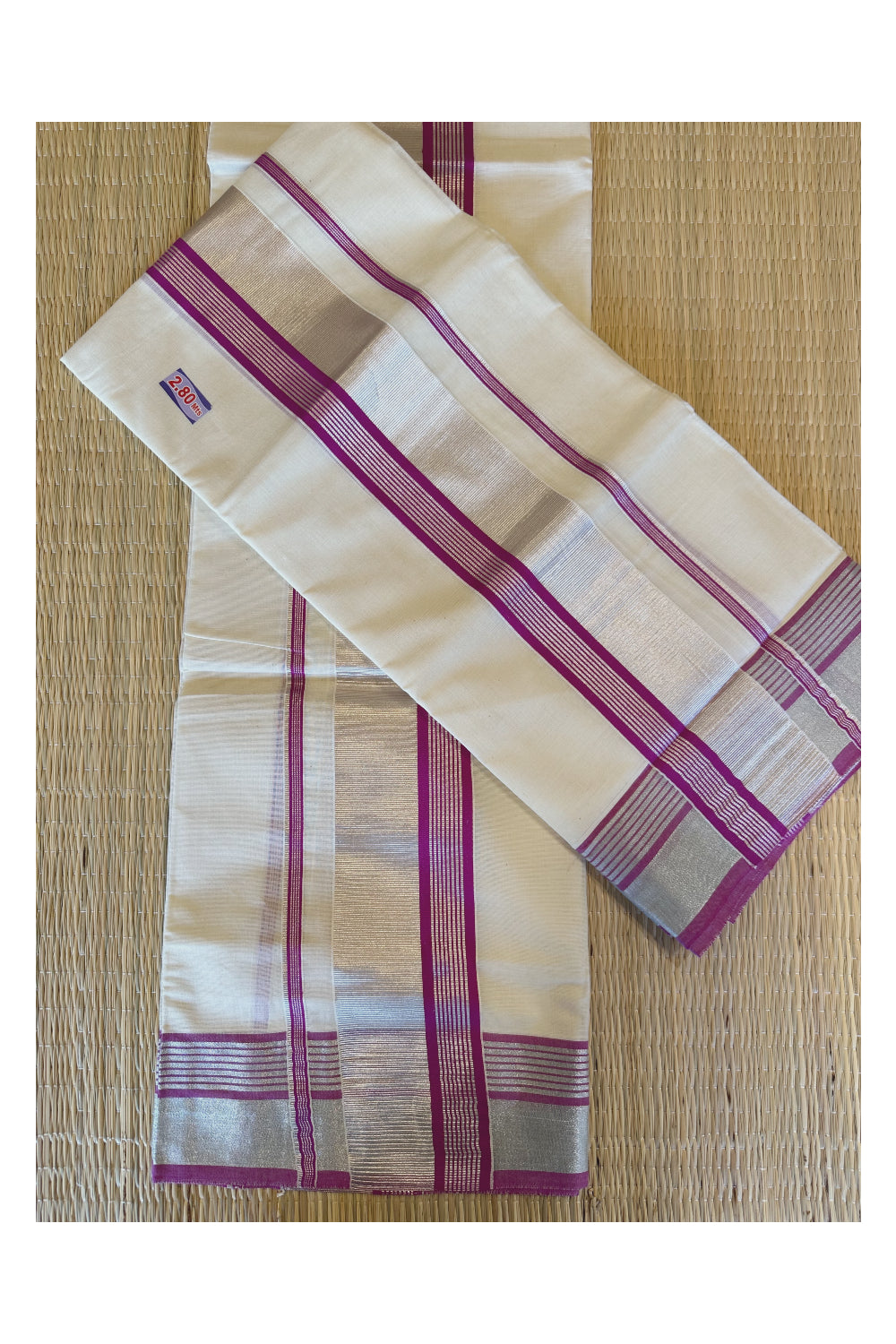 Kerala Cotton Mundum Neriyathum Single (Set Mundu) with Magenta And Silver Kasavu Border 2.80 Mtrs