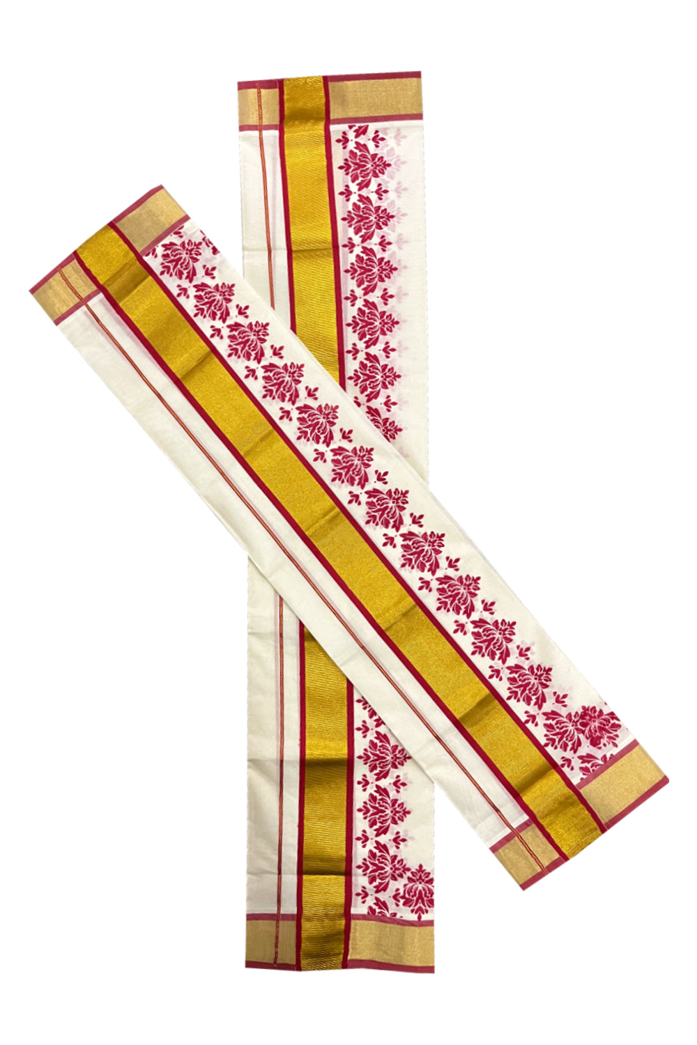 Pure Cotton Kerala Single Set Mundu (Mundum Neriyathum) with Red Block Printed Kasavu Border