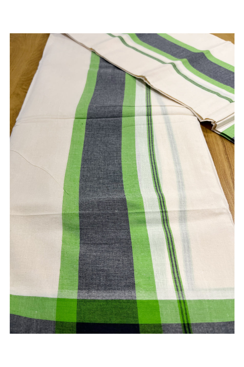 Pure Cotton Mundum Neriyathum Double (Set Mundu) with Green and Black Border