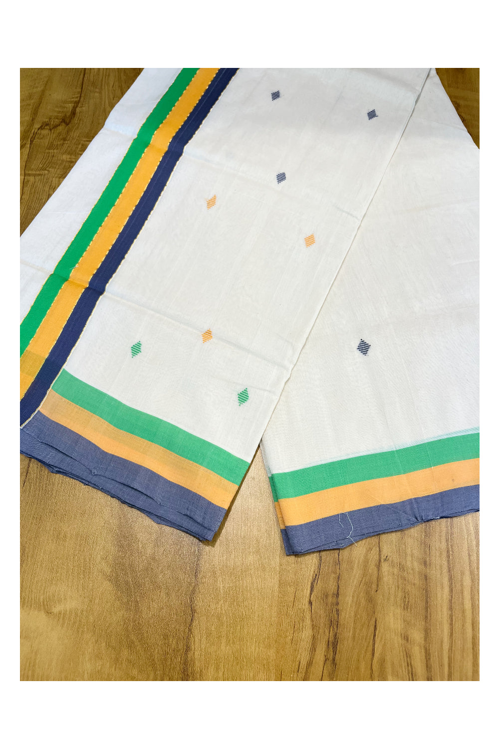 Southloom Premium Balaramapuram Unakkupaavu Handloom Cotton Butta Saree with Grey,Orange,Green and Kasavu Border