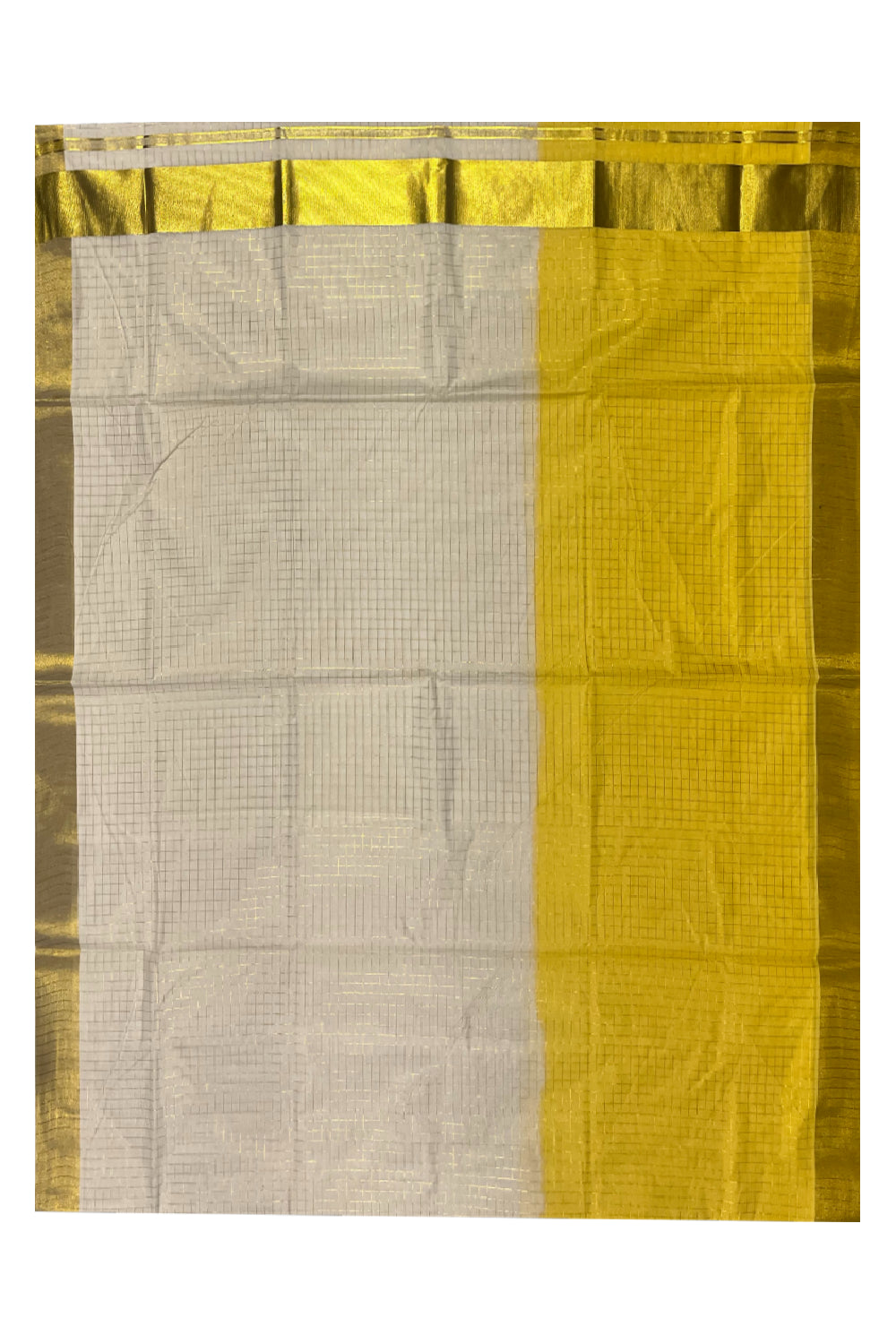 Southloom Cotton Tie & Dye - Half & Half Yellow Design Saree with Kasavu Checks Across Body