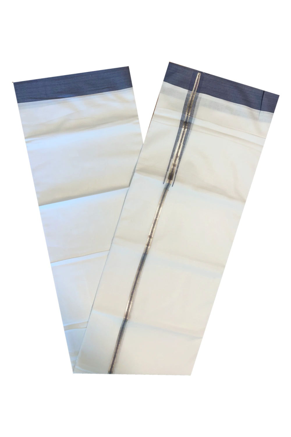 Pure White Cotton Double Mundu with Silver Grey Chutti Border (South Indian Kerala Dhoti)