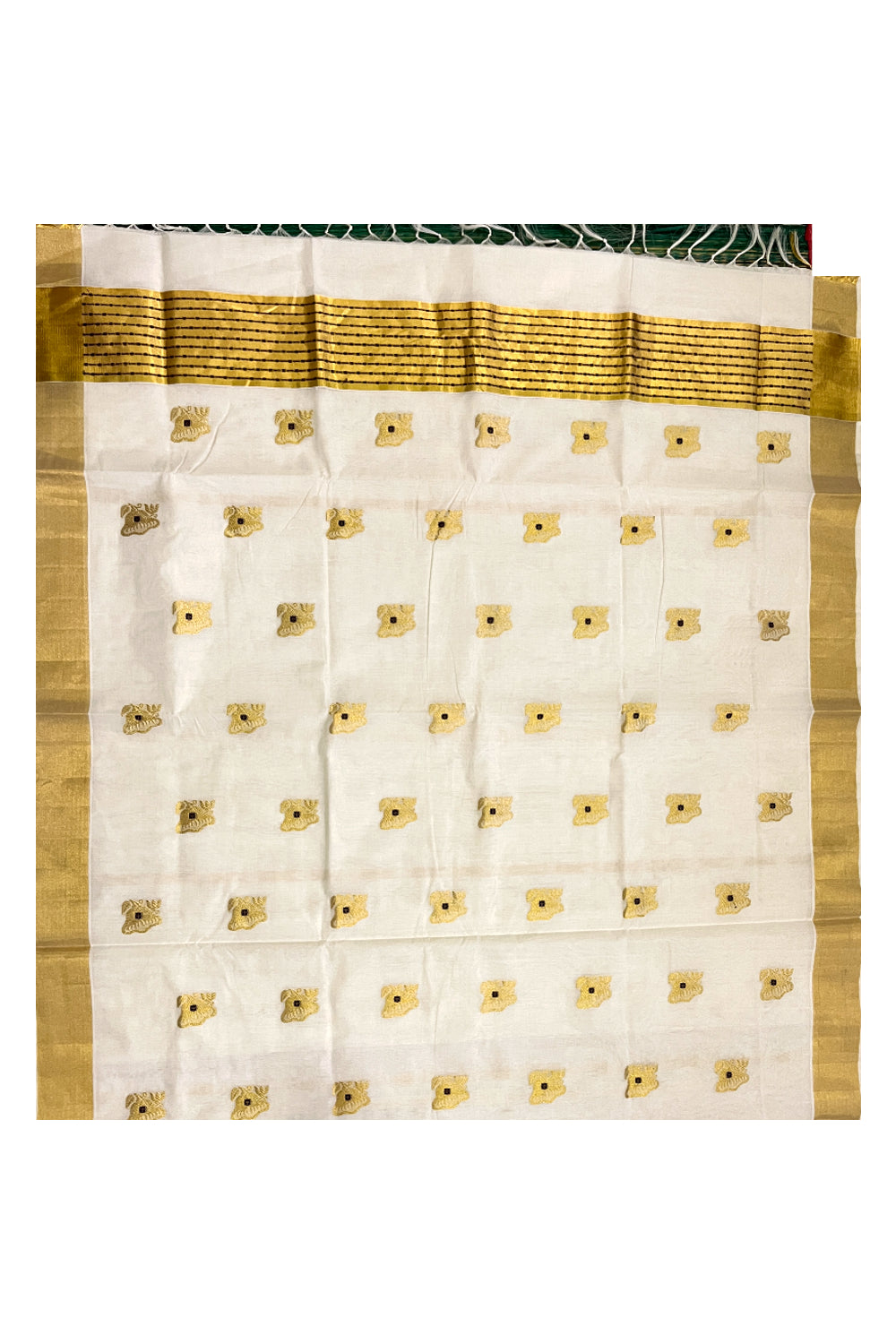 Southloom Premium Handloom Cotton Saree with Kasavu Floral Woven Works on Body