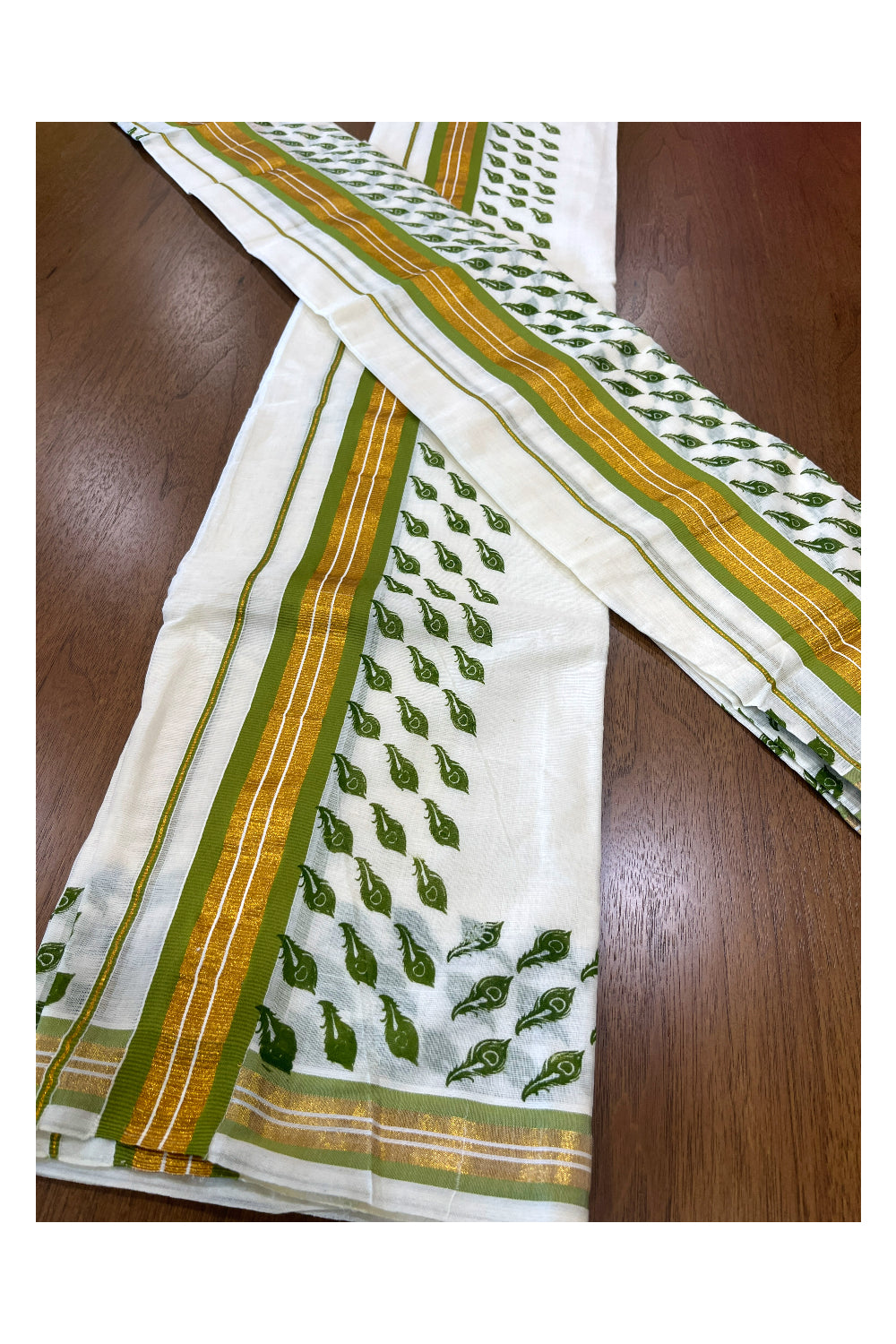 Cotton Single Set Mundu (Mundu Neriyathum) with Green Feather Block Prints and Kasavu Border