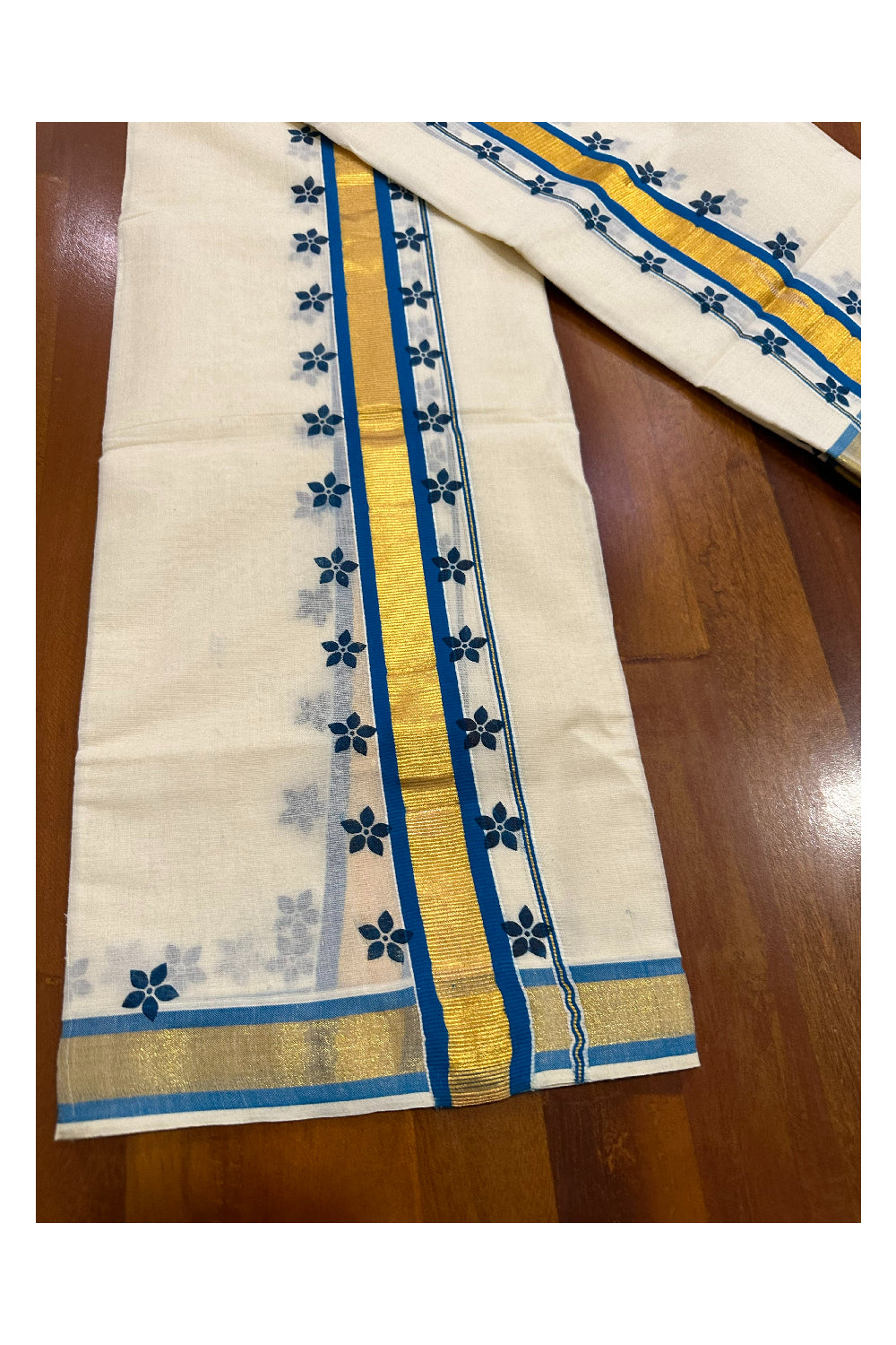 Kerala Cotton Kasavu Single Set Mundu (Mundum Neriyathum) with Blue Block Prints on Border 2.80 Mtrs