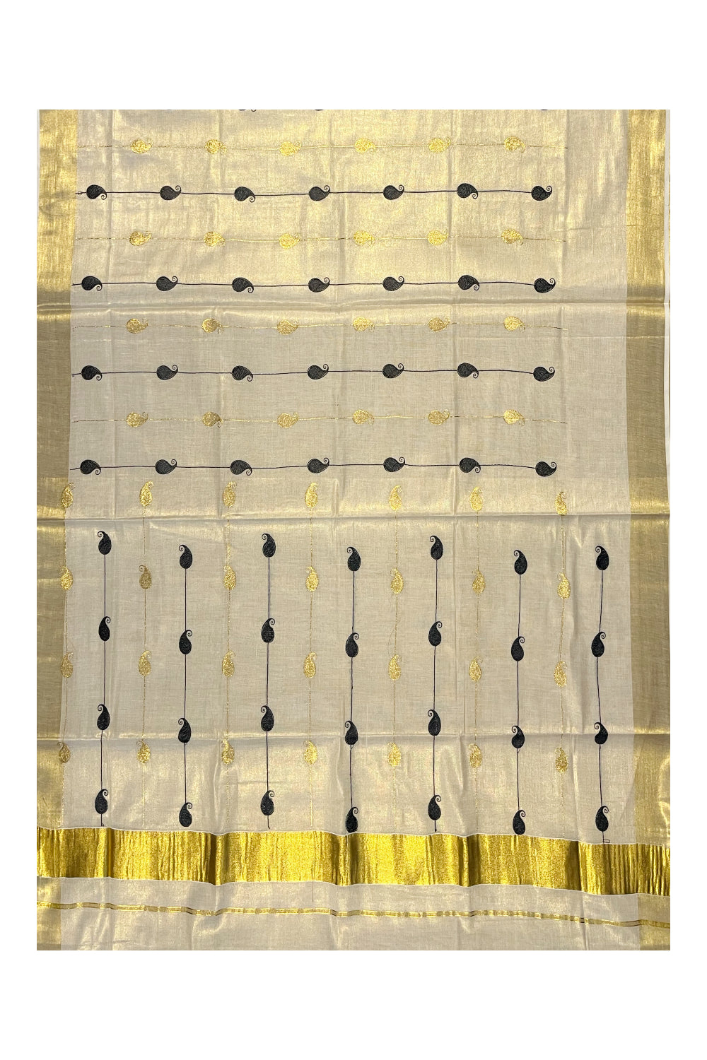 Kerala Tissue Kasavu Saree With Black and Golden Paisley Embroidery Works