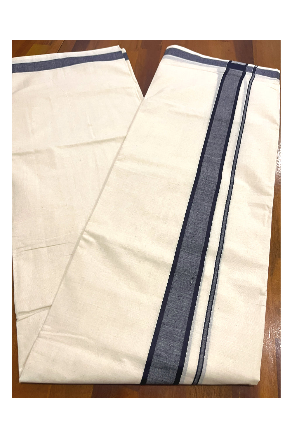 Off White Kerala Double Mundu with Navy Blue Kara (South Indian Kerala Dhoti)