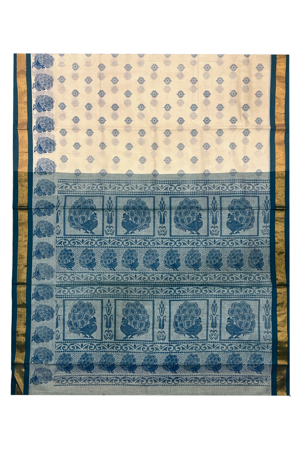 Pure Cotton Kerala Saree with Teal Blue Block Printns and Kasavu Border (Vishu 2024 Collection)