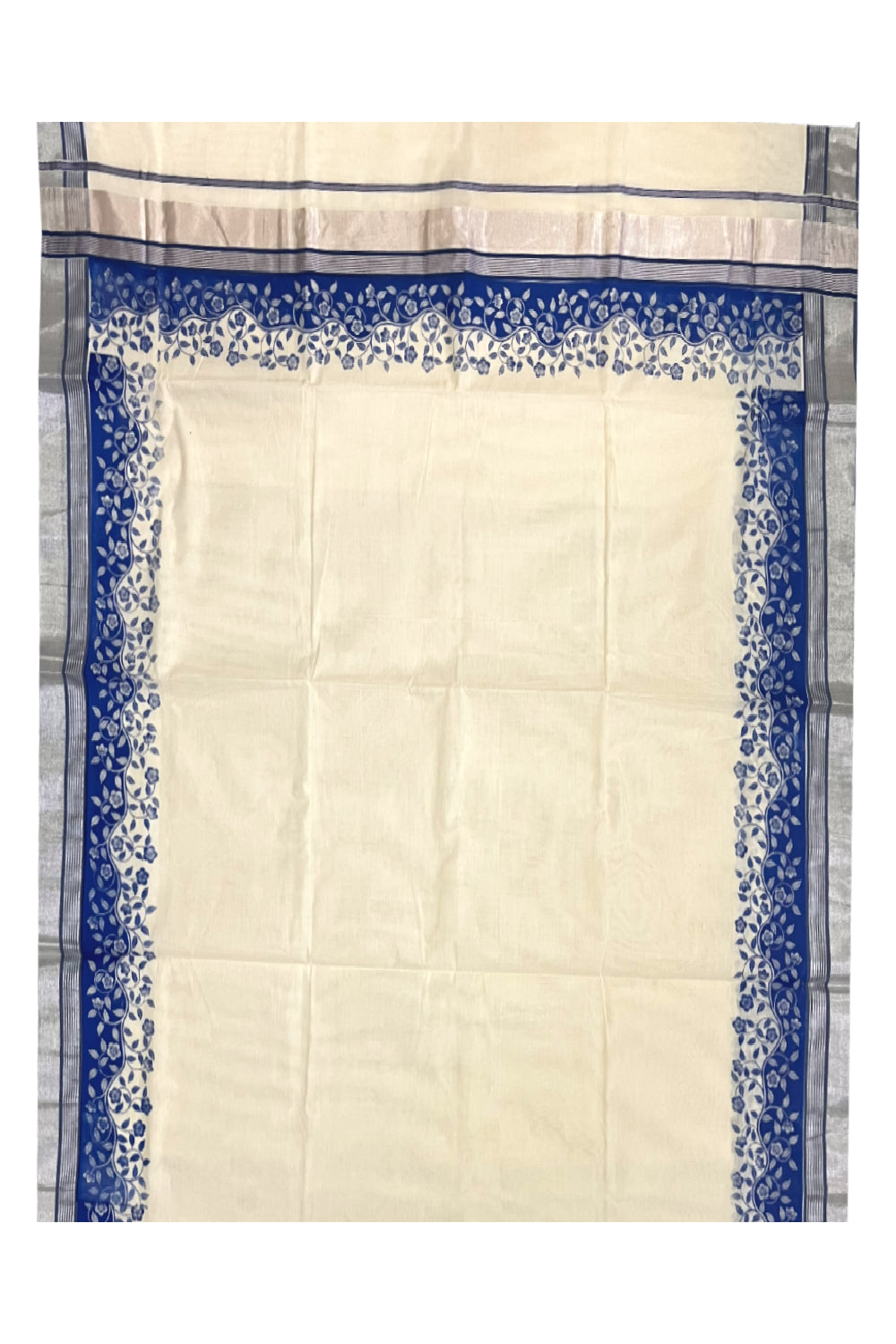 Kerala Cotton Saree with Blue Floral Block Prints and Silver Kasavu Border (Onam Saree 2023)