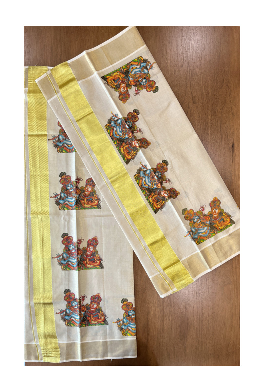 Kerala Tissue Kasavu Set Mundu (Mundum Neriyathum) with Krishna Radha Mural Printed Design