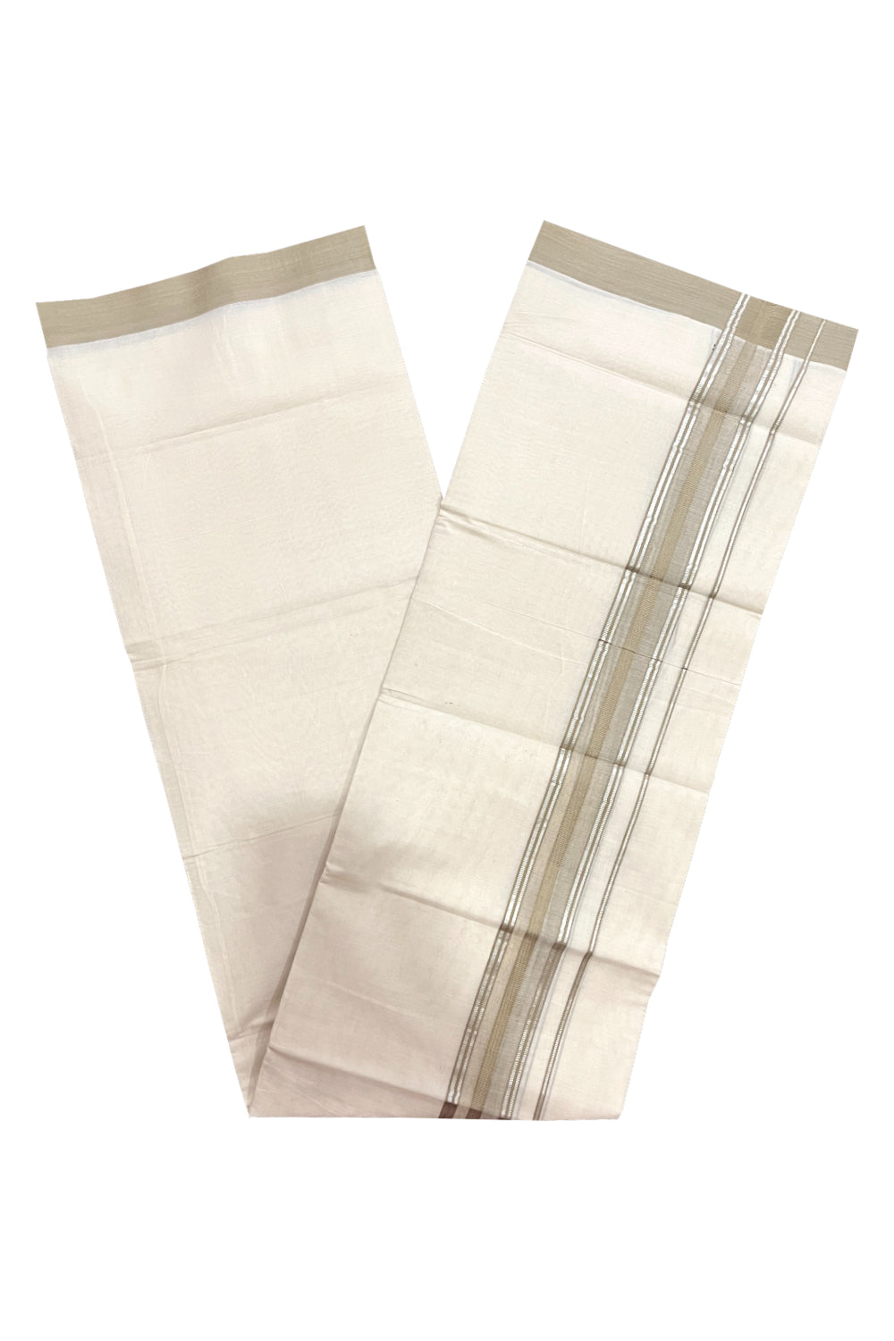 Pure Cotton 100x100 Double Mundu with Silver Kasavu and Light Brown Kara (Onam Mundu 2023)