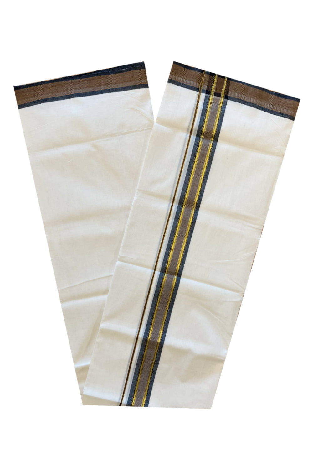 Southloom Premium Handloom Cotton Double Mundu with Kasavu and Black Brown Lines Border