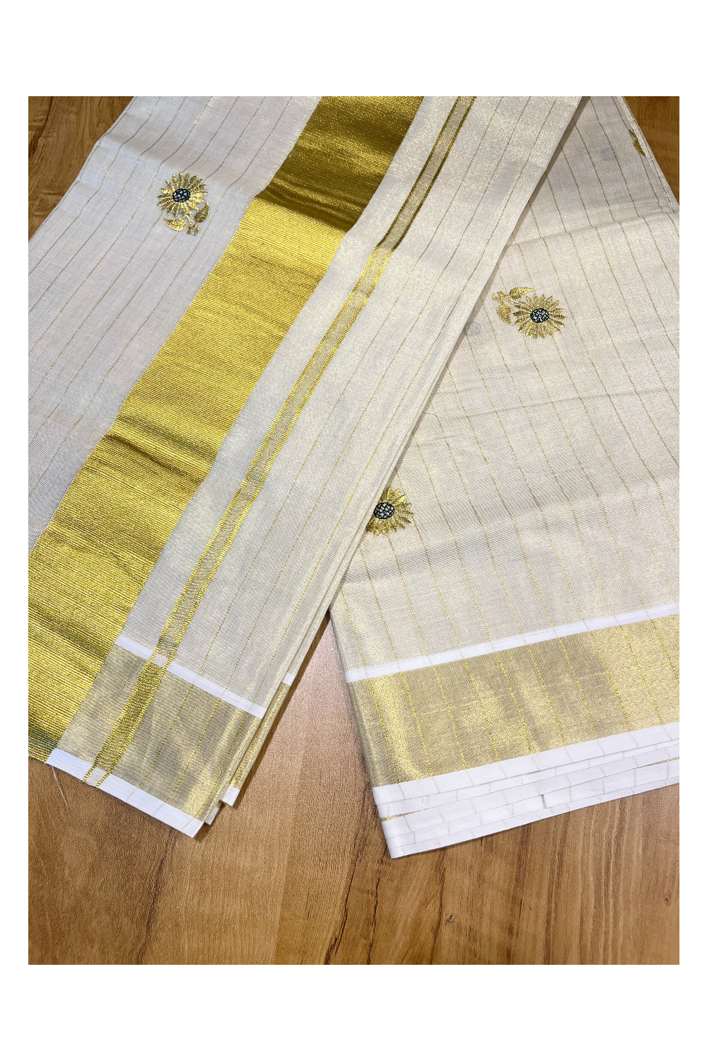 Kerala Tissue Kasavu Stripes Saree with Green Floral Embroidery Design on Body