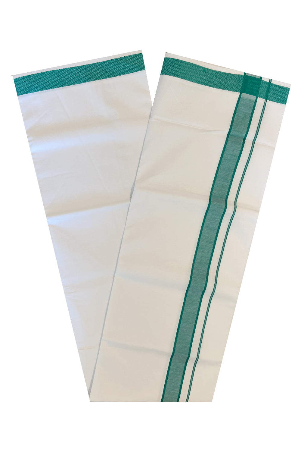 Pure White Cotton Single Mundu with Green Border (South Indian Dhoti)