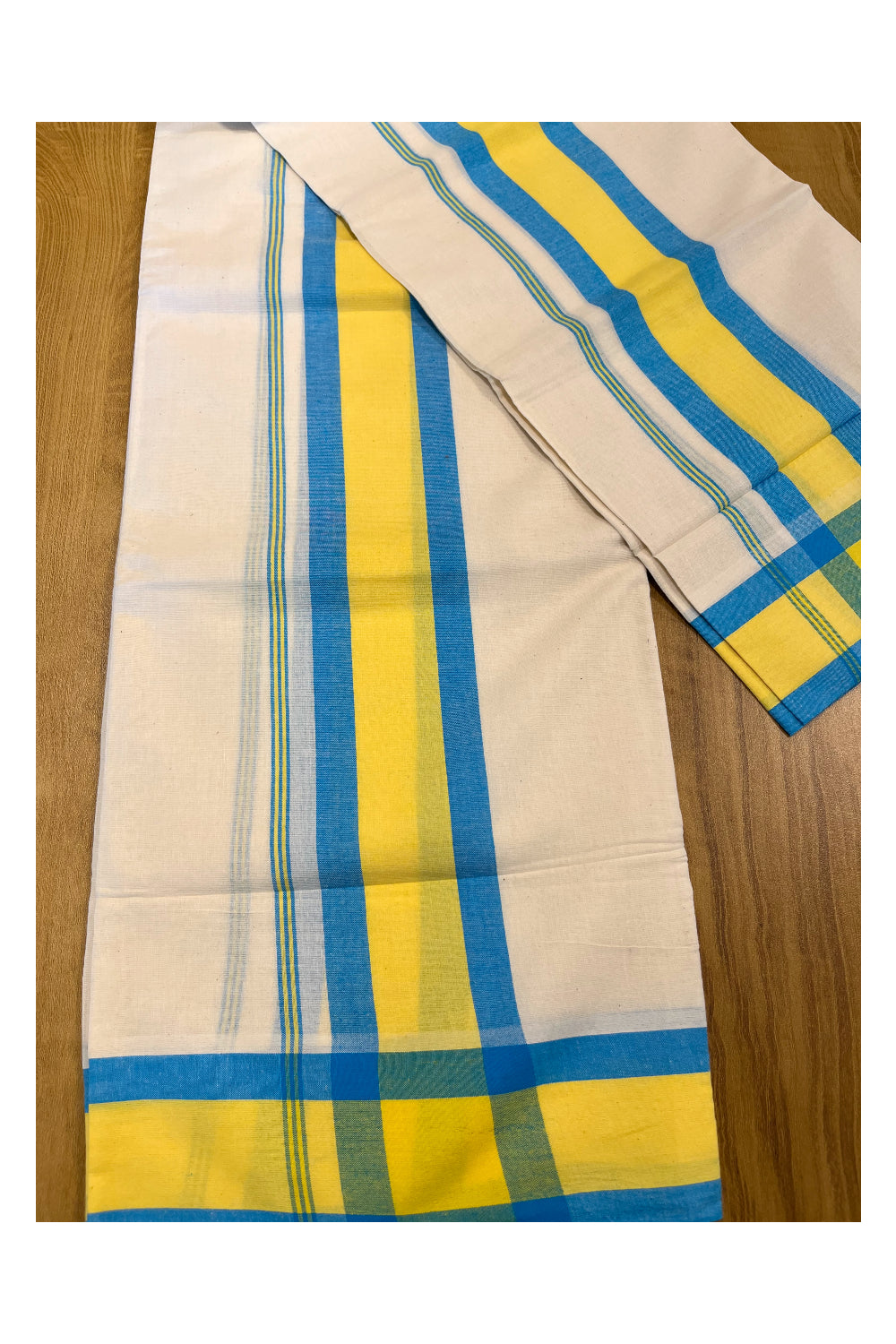 Pure Cotton Mundum Neriyathum Double (Set Mundu) with Blue And Yellow Border