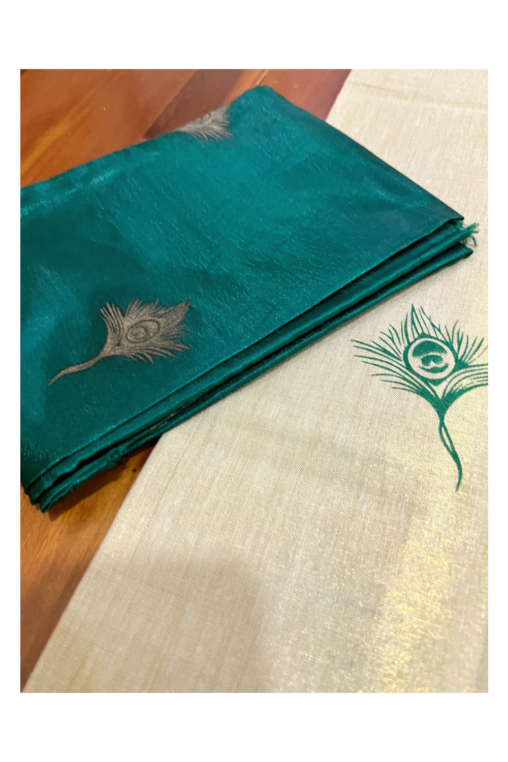 Kerala Tissue Block Printed Pavada and Green Blouse Material for Kids 3 Meters