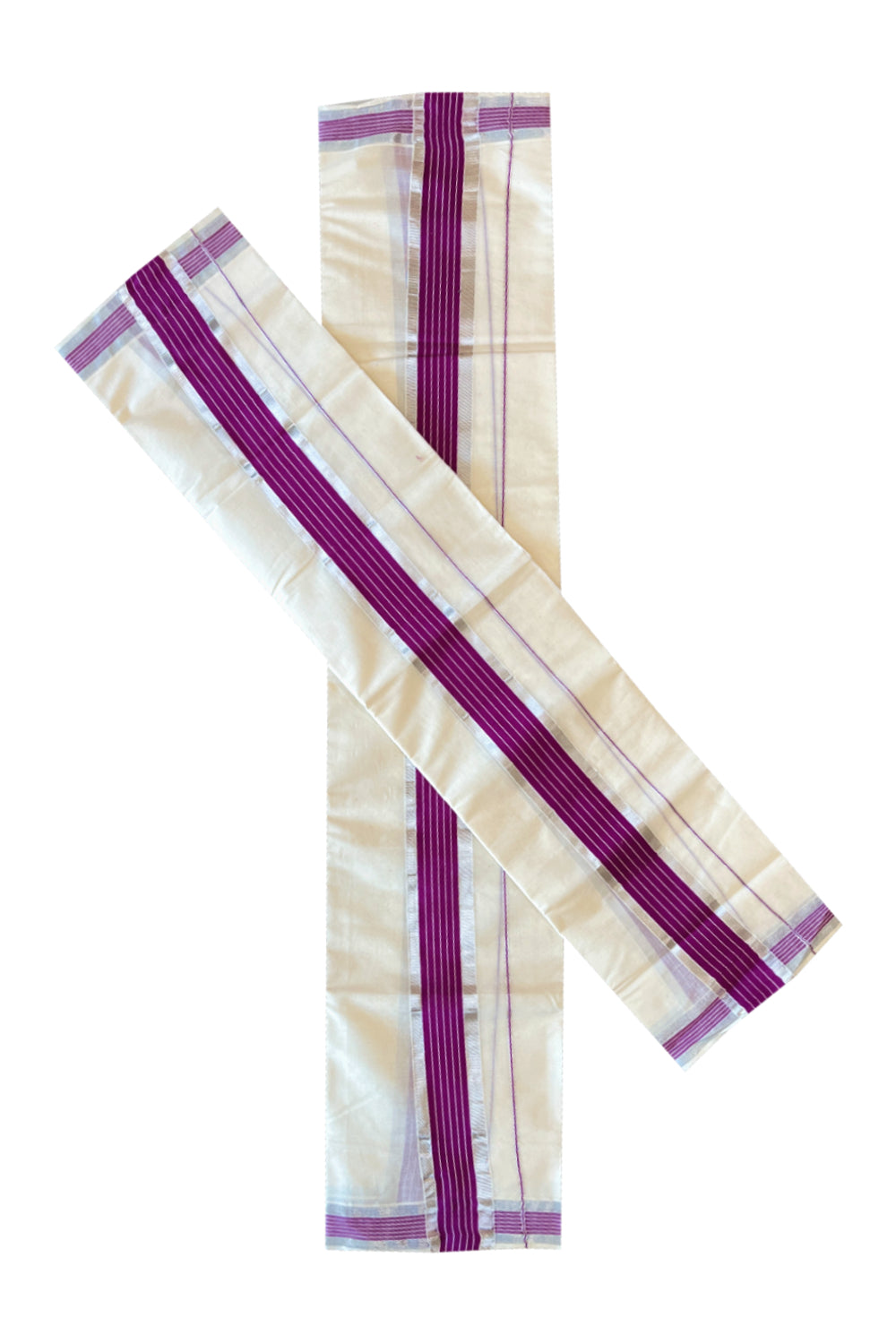 Cotton Mundum Neriyathum Double (Set Mundu) with Magenta and Silver Kasavu Border