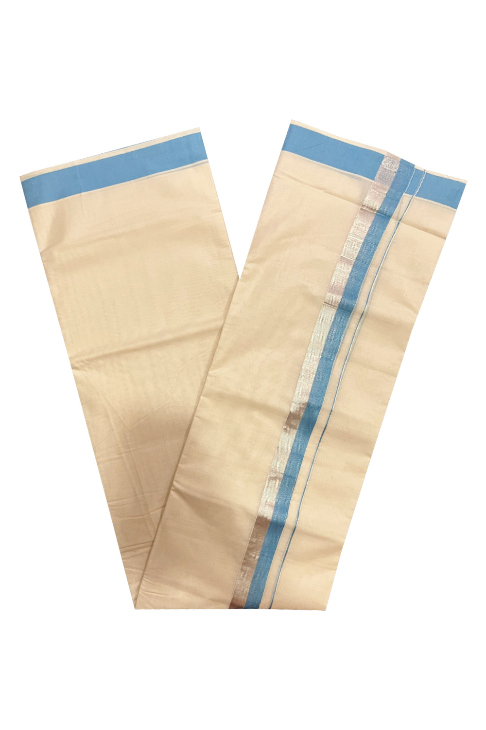 Kerala Cotton Double Mundu with Light Blue and Silver Kasavu Border (Onam Mundu 2023)