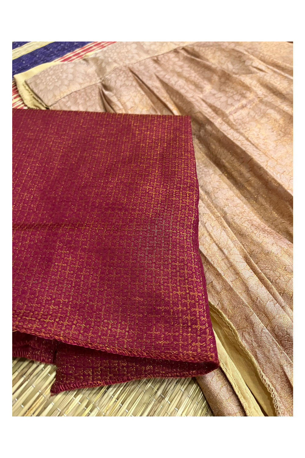 Semi Stitched Premium Semi SIlk Copper Dhavani Set with Maroon Neriyathu and Blouse Piece