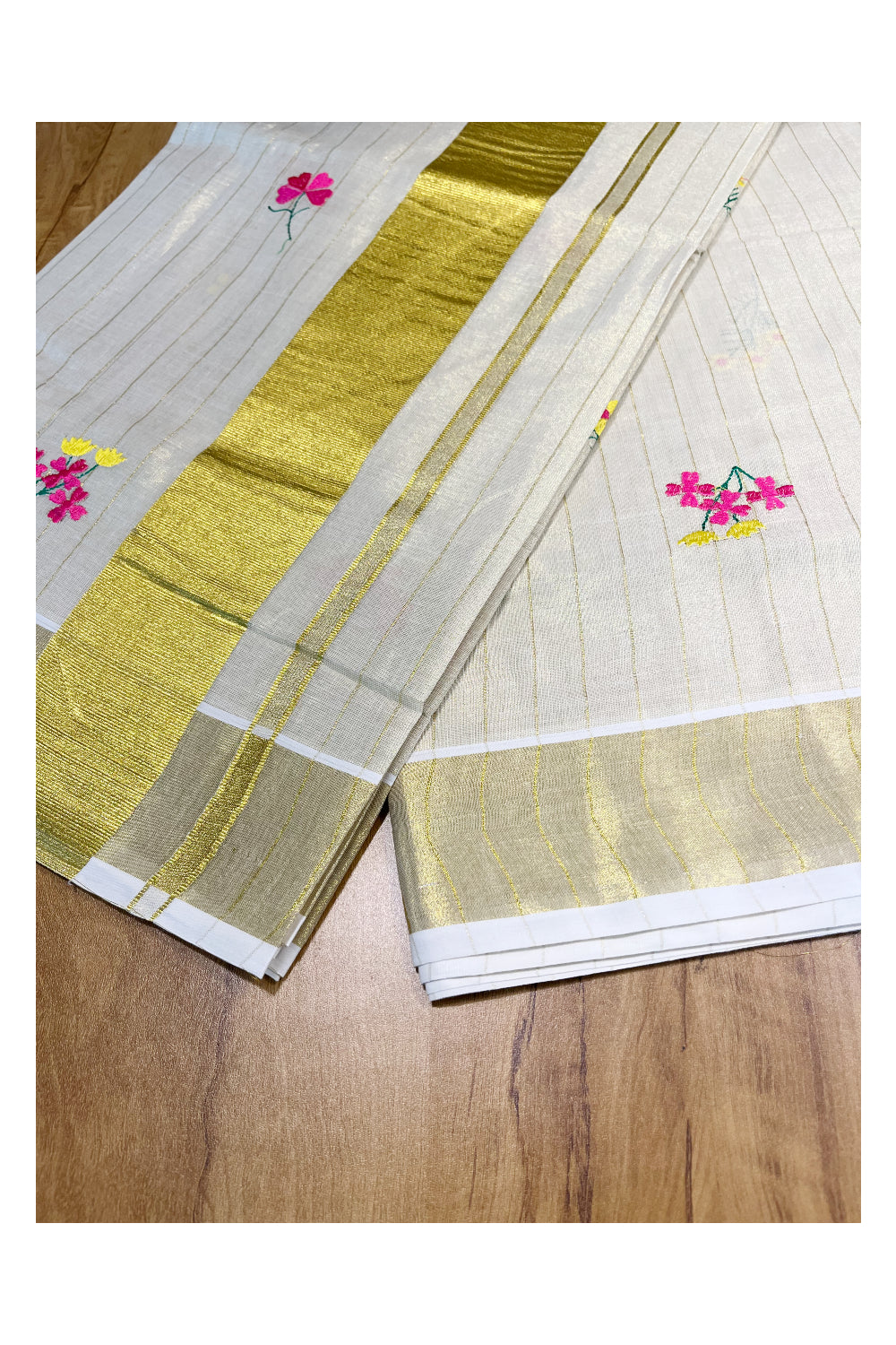 Kerala Tissue Kasavu Lines Saree with Pink Flower Floral Embroidery Works