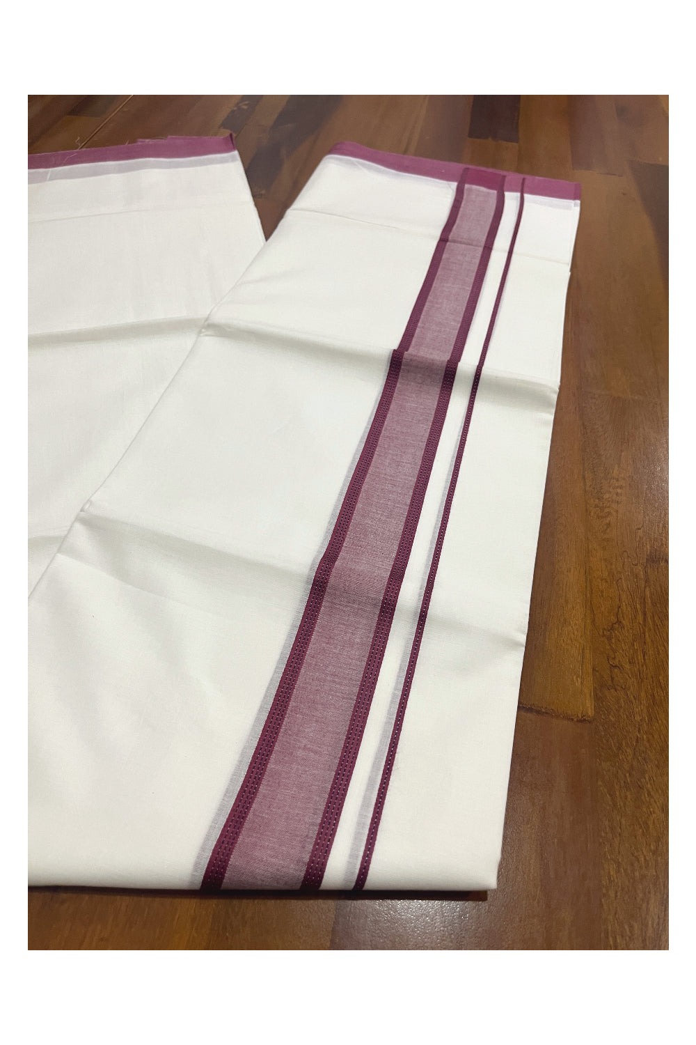 Pure White Cotton Double Mundu with Maroon Border (South Indian Kerala Dhoti)