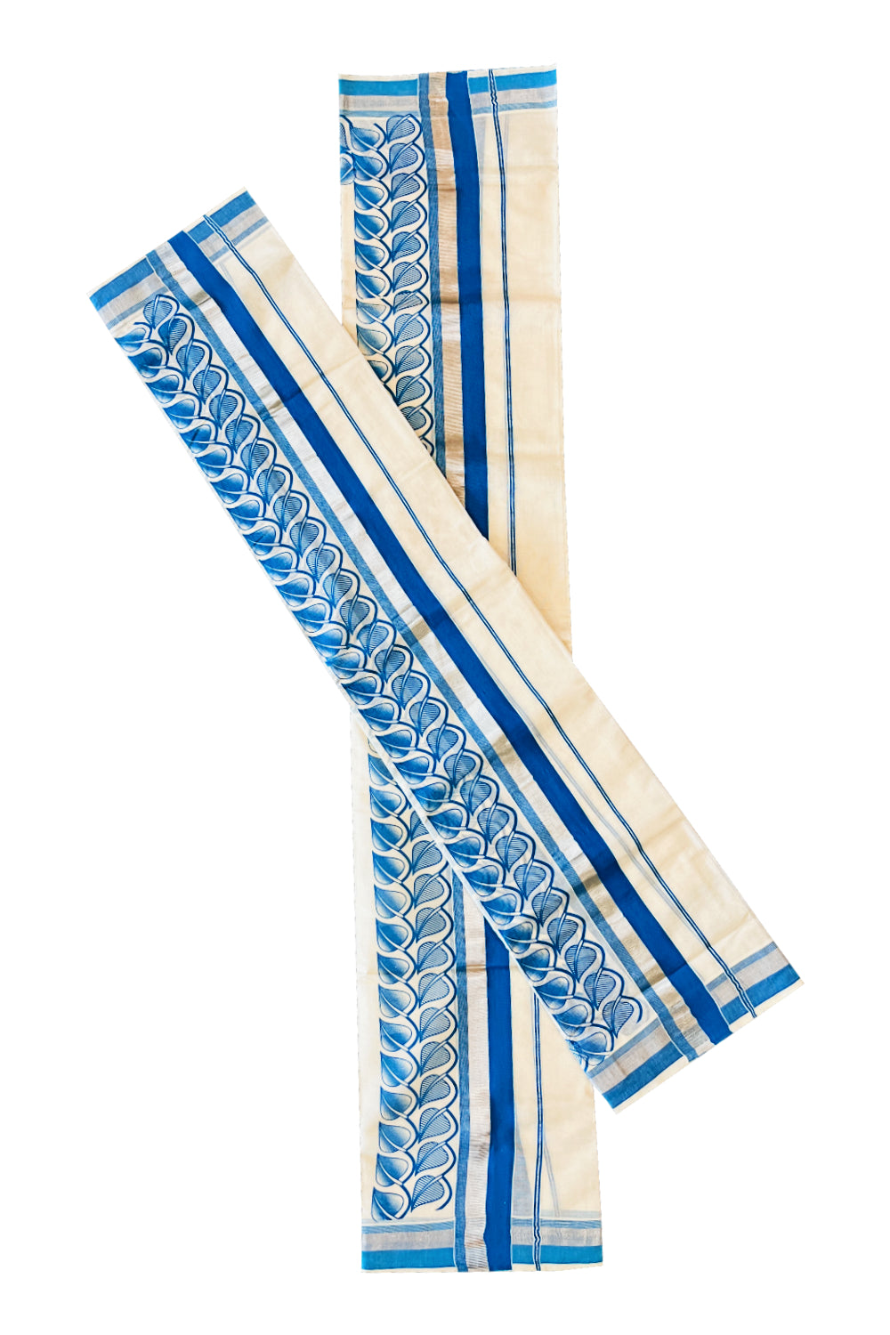 Cotton Single Set Mundu (Mundu Neriyathum) with Block Prints on Silver Kasavu and Blue Border