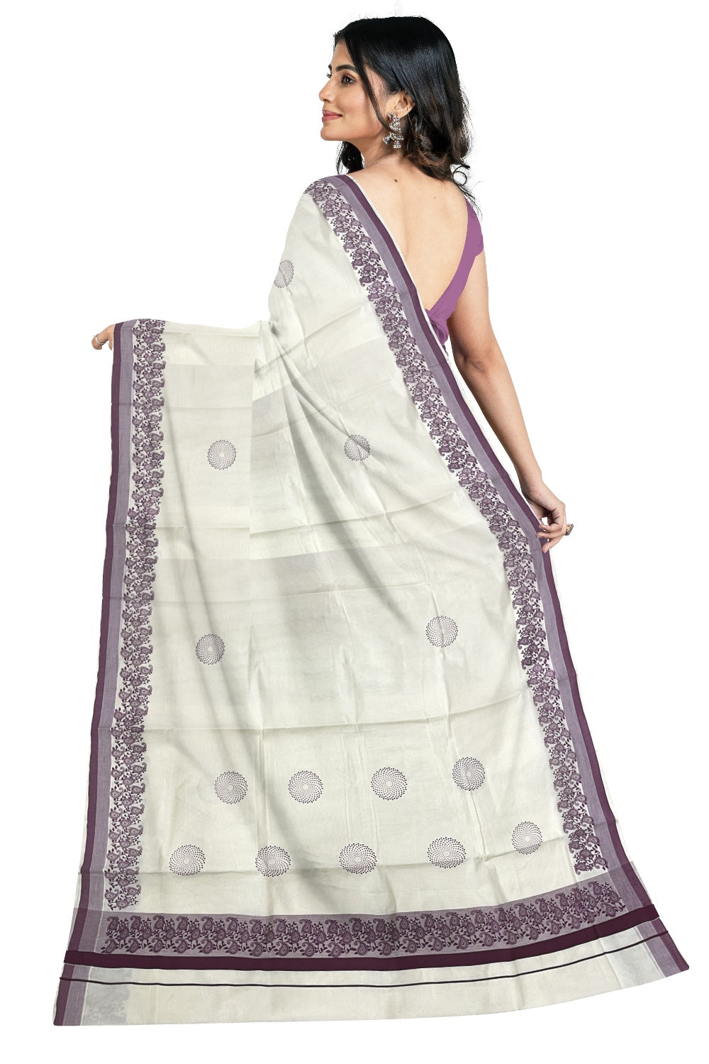 Pure Cotton Off White Kerala Saree with Purple Paisley Block Prints on Border