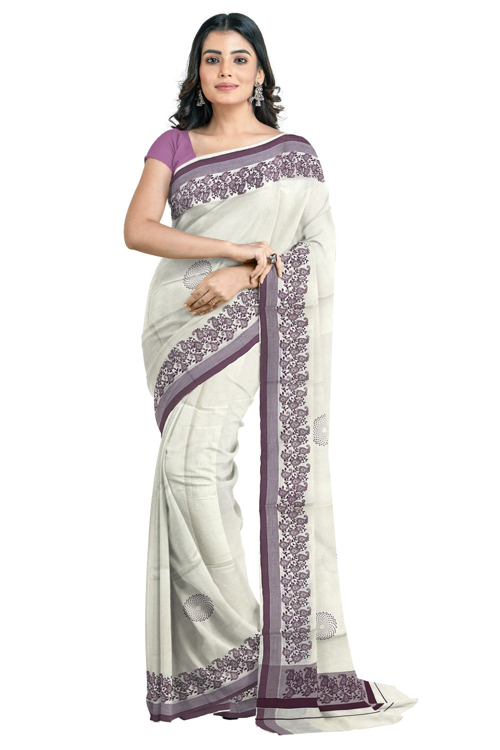 Pure Cotton Off White Kerala Saree with Purple Paisley Block Prints on Border