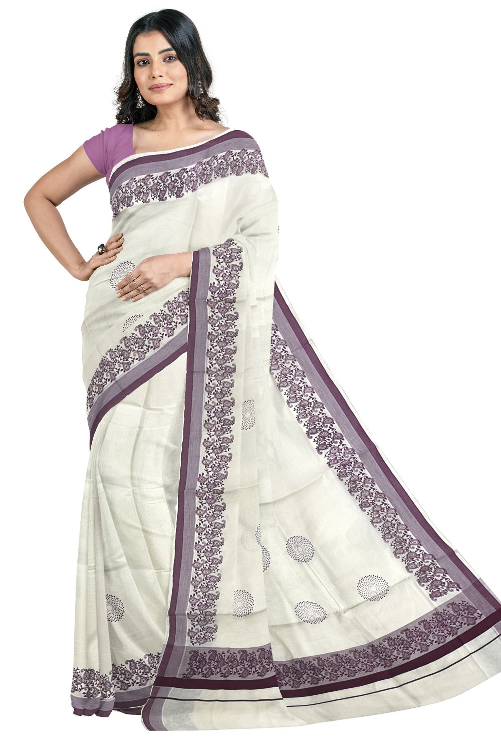 Pure Cotton Off White Kerala Saree with Purple Paisley Block Prints on Border