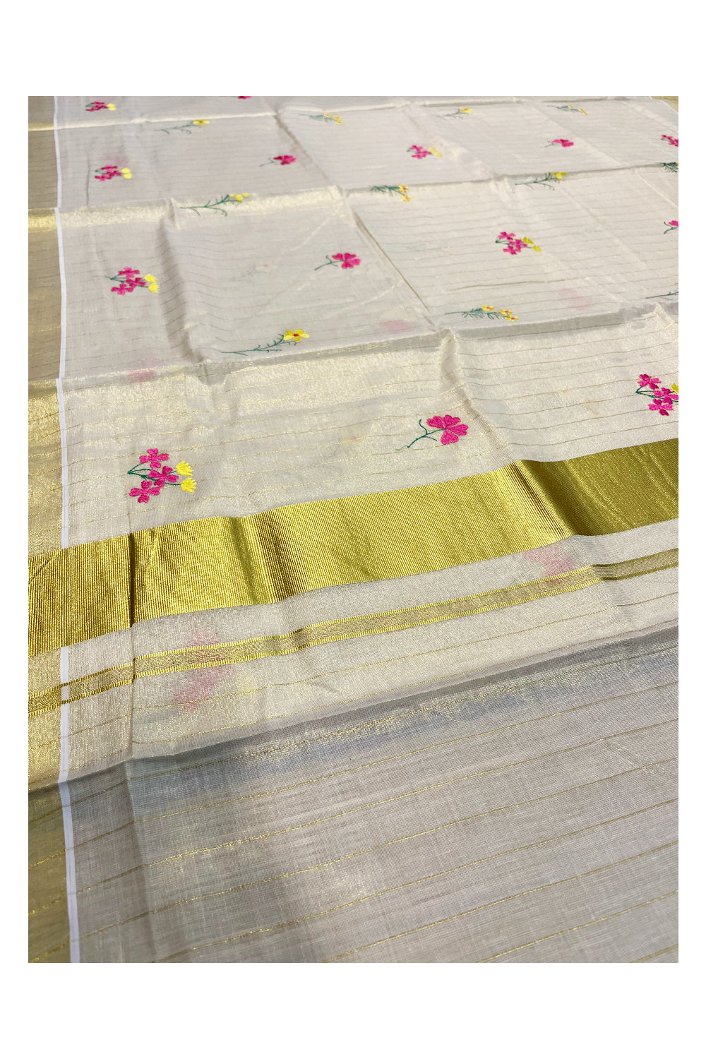 Kerala Tissue Kasavu Lines Saree with Pink Flower Floral Embroidery Works