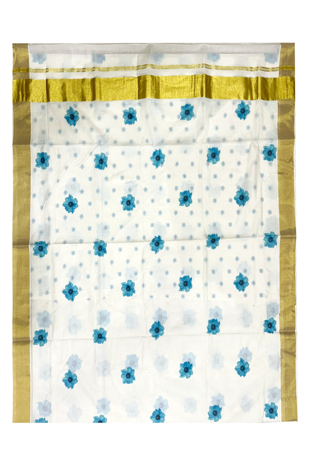 Southloom Exclusive Onam Kasavu Saree with Small Blue Floral High Quality Digital Print Across Body (Matching Printed Blouse Included)