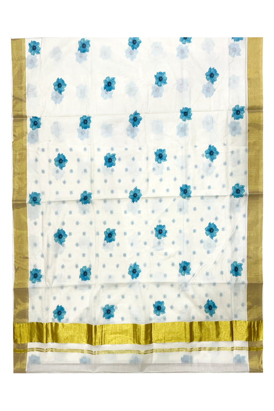 Southloom Exclusive Onam Kasavu Saree with Small Blue Floral High Quality Digital Print Across Body (Matching Printed Blouse Included)