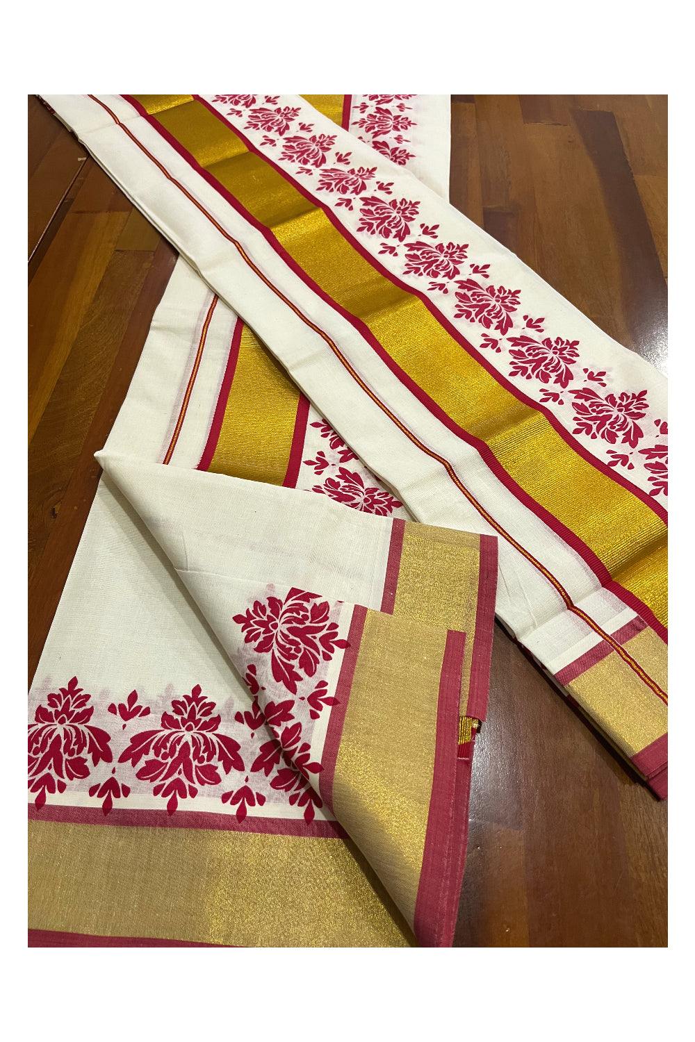 Pure Cotton Kerala Single Set Mundu (Mundum Neriyathum) with Red Block Printed Kasavu Border