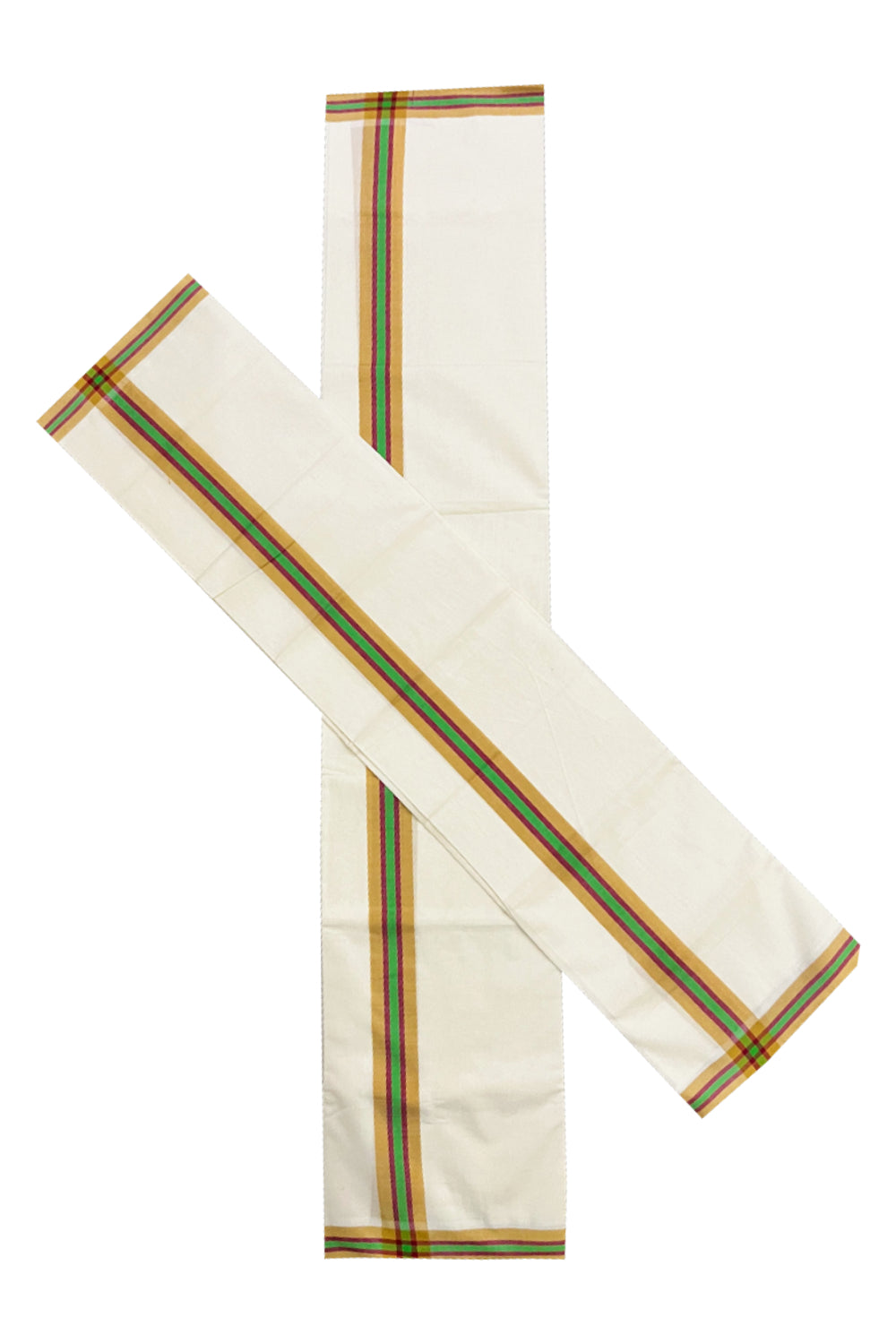 Kerala Mulloth Cotton Single Mundum Neriyathum with Yellow Green Border 2.80 Mtrs (Extra Soft Cotton)