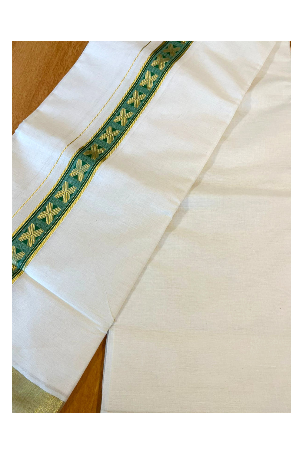 Southloom Kasavu Double Mundu with Green Prints Along Kasavu Kara