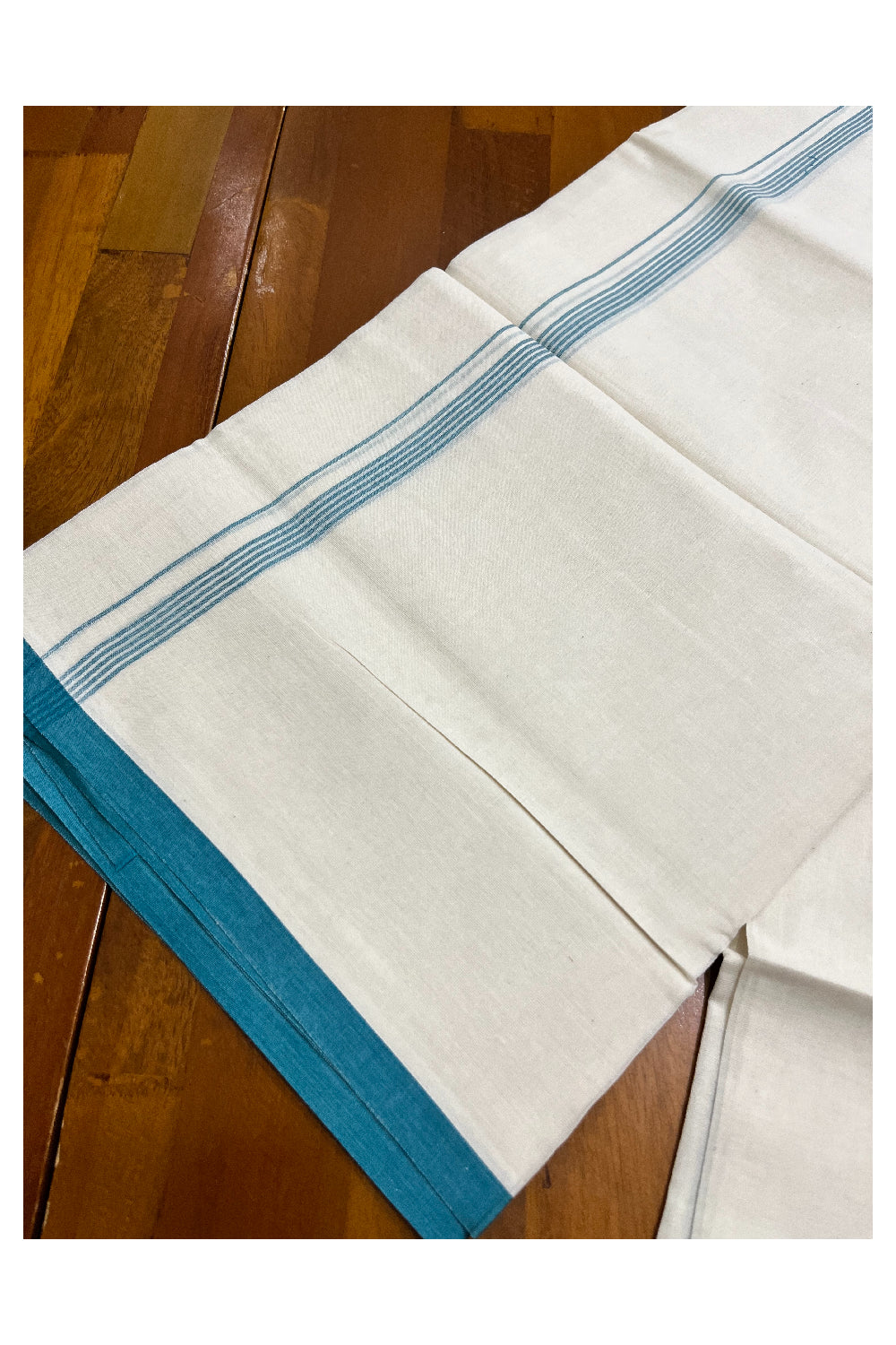 Pure Cotton Off White Double Mundu with Blue Border (South Indian Kerala Dhoti)