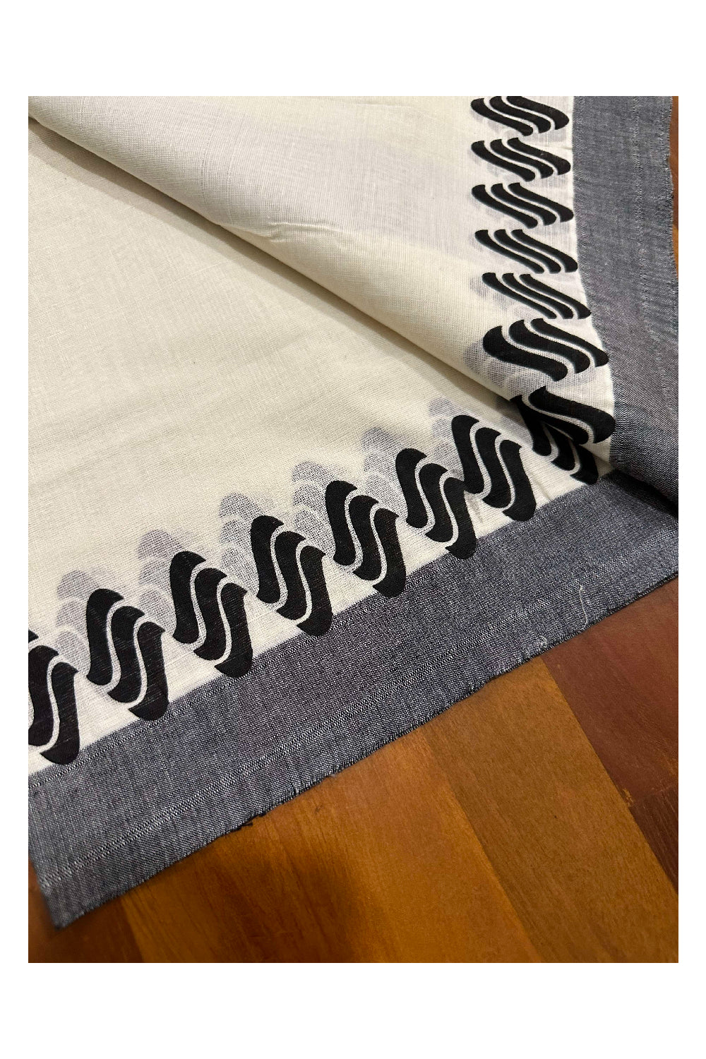 Kerala Cotton Single Set Mundu (Mundum Neriyathum) with Block Prints on Black Border (Onam set Mundu 2023)