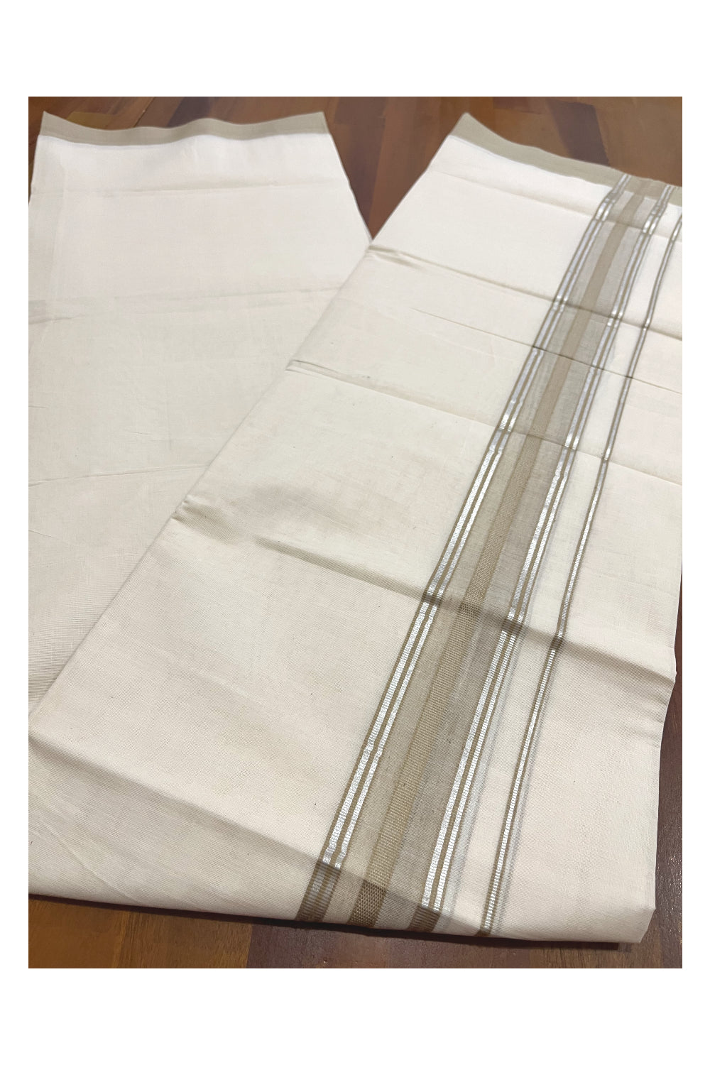 Pure Cotton 100x100 Double Mundu with Silver Kasavu and Light Brown Kara (Onam Mundu 2023)