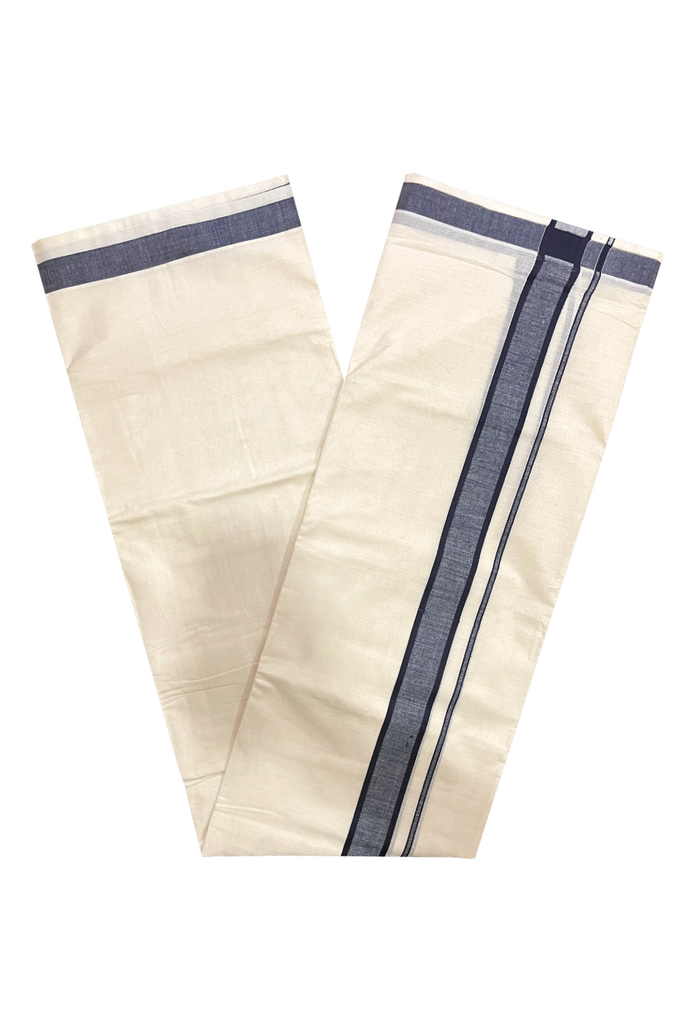 Off White Kerala Double Mundu with Navy Blue Kara (South Indian Kerala Dhoti)