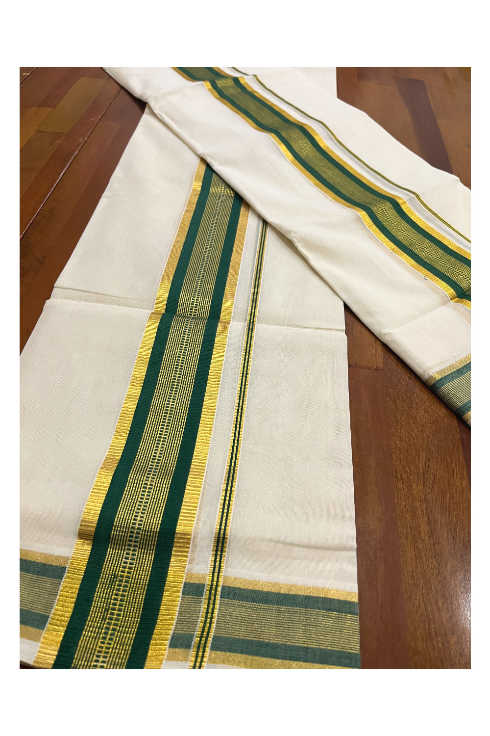 Southloom Premium Handloom Set Mundu with Kasavu and Green Border 2.80 Mtrs