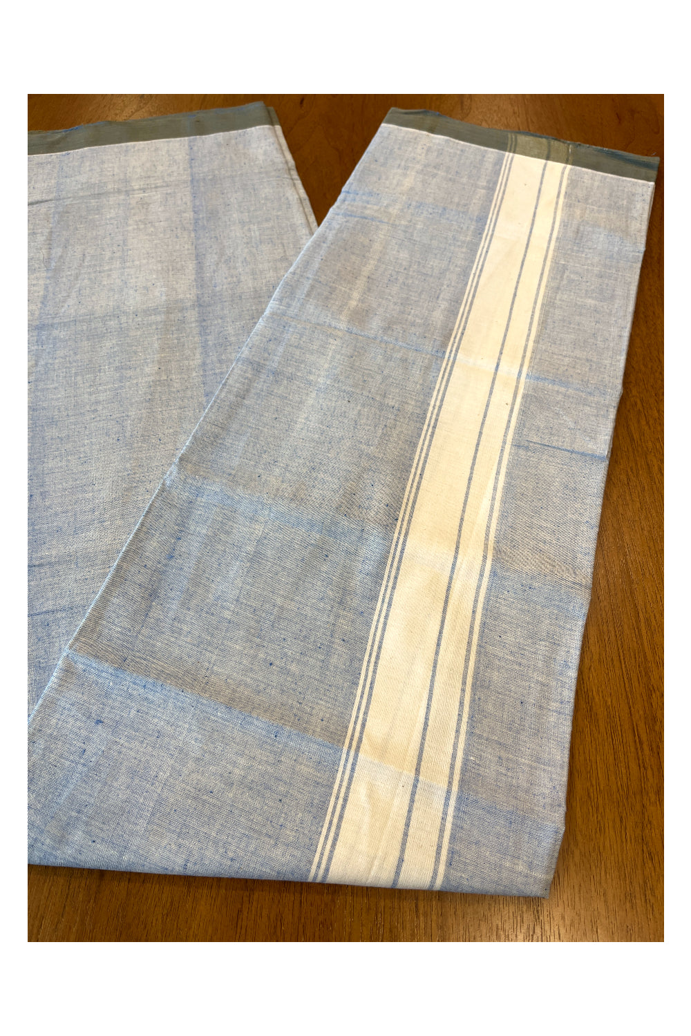 Southloom Premium Handloom Blue Shaded Solid Single Mundu (Lungi) with White Border