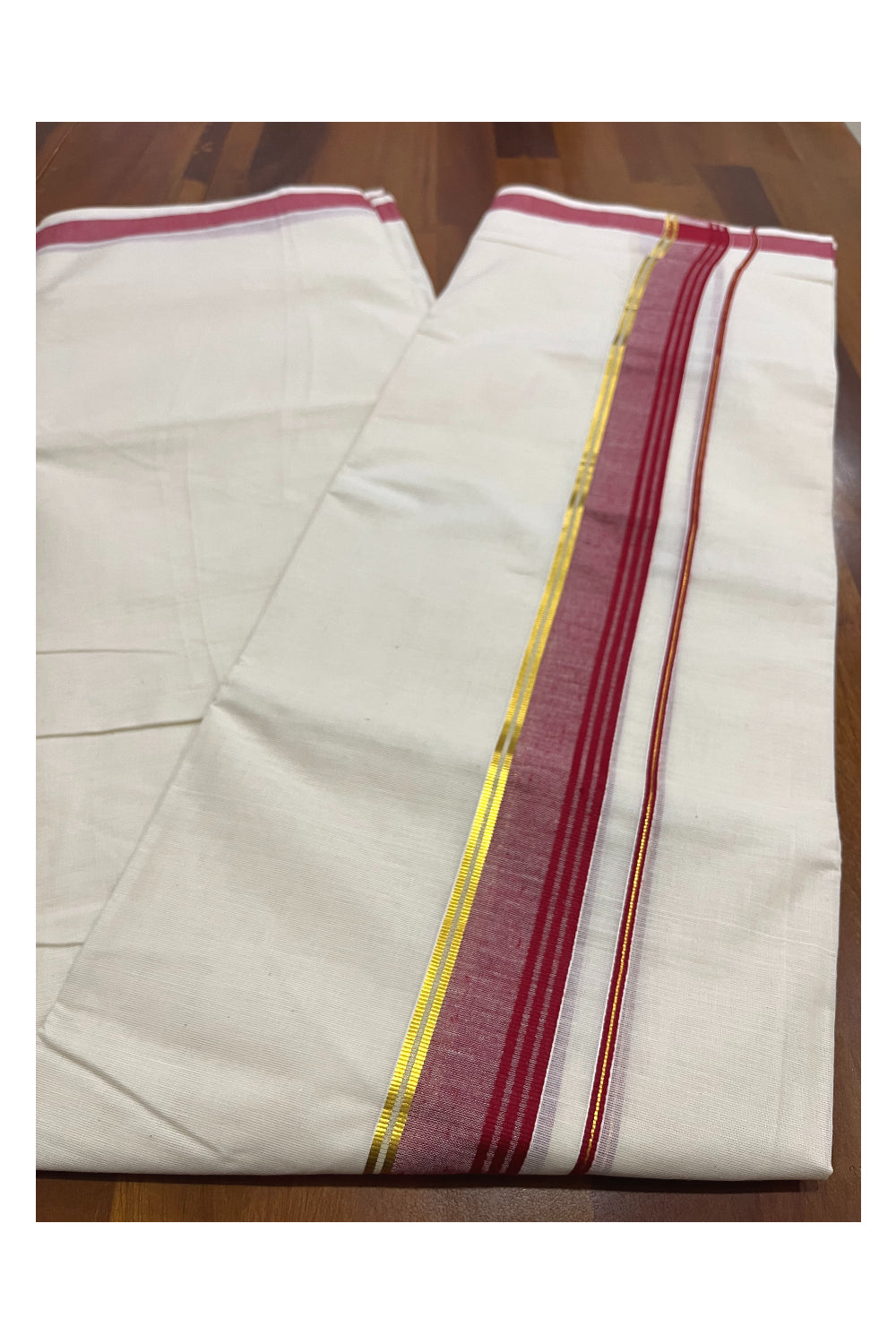 Pure Cotton Kerala Double Mundu with Maroon and Kasavu Kara (South Indian Kerala Dhoti)