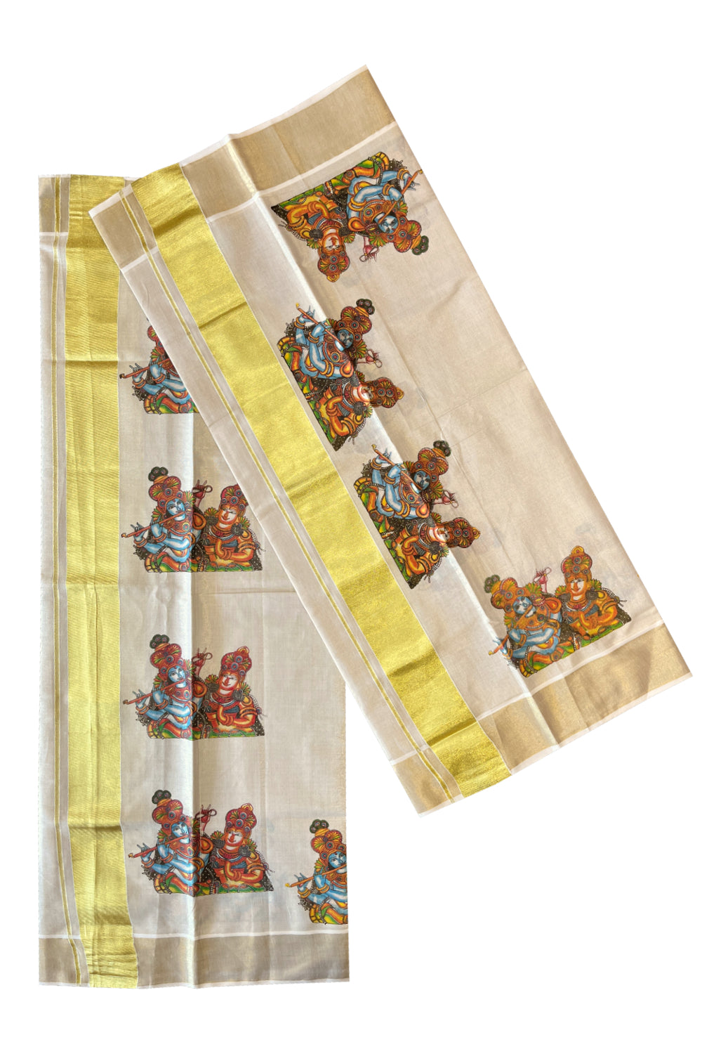 Kerala Tissue Kasavu Set Mundu (Mundum Neriyathum) with Krishna Radha Mural Printed Design