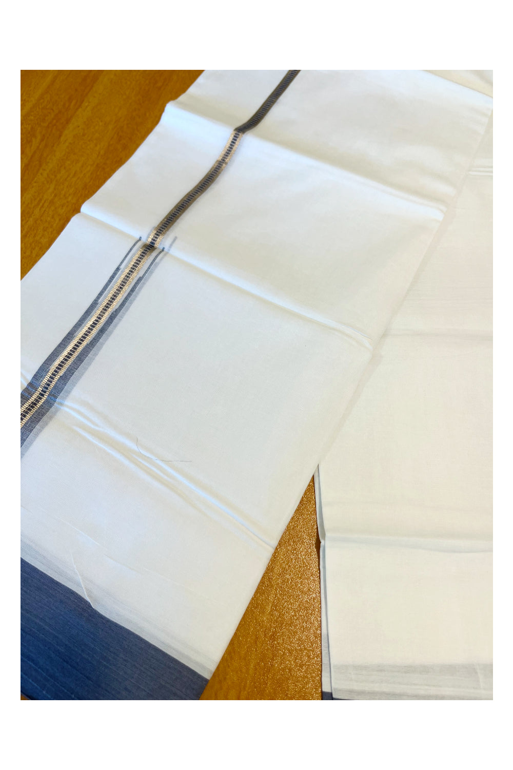 Pure White Cotton Double Mundu with Silver Grey Chutti Border (South Indian Kerala Dhoti)