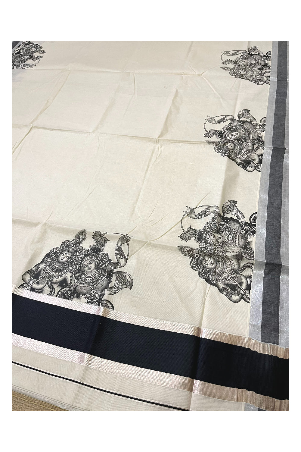 Pure Cotton Kerala Silver Kasavu Saree with Krishna Radha Mural Prints and Black Border (Onam Saree 2023)